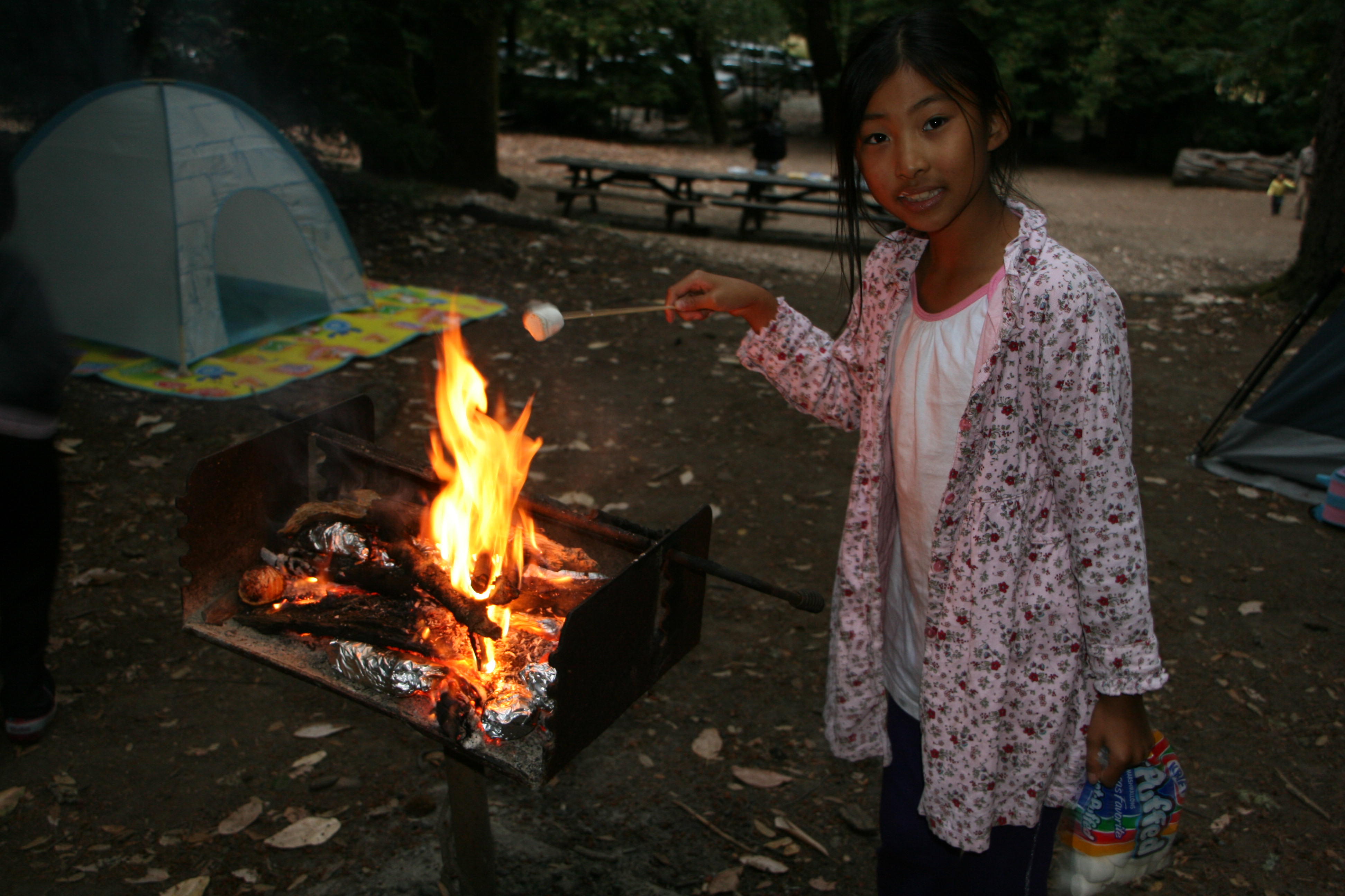 我的表妹Sunny正在烧烤架上烤棉花糖，身后是一片用来扎帐篷的空地。摄于2011年8月，十年以前。图片未经授权。